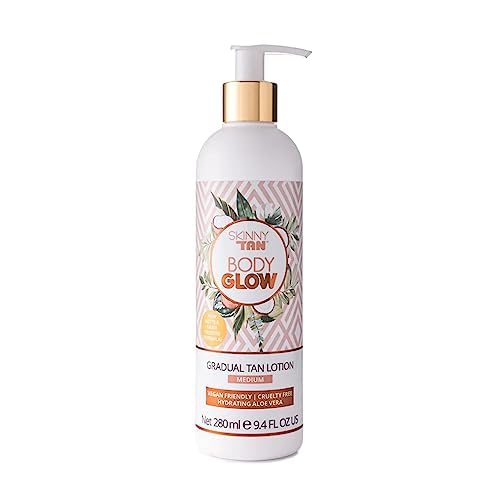 Skinny Tan Body Glow Moisturising Gradual Tan Lotion - Fake Tan Moisturiser, Coconut & Vanilla Aroma, 280ml (x2) with dual sided luxuy tanning mitt