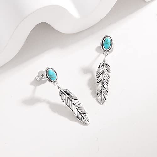 Sterling Silver Turquoise & Malachite Feather Dangle Stud Earrings - Hypoallergenic Western Style - Vintage Eagle Feather Drop Ear Studs for Women3