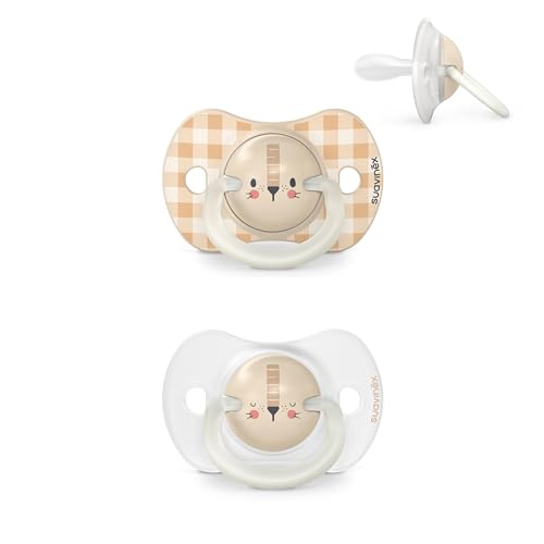 Suavinex Pack de 2 Chupetes que Brillan en la Oscuridad, Chupetes Fluorescentes para Dormir, para Bebés 0/6 Meses, con Tetina Fisiológica SX Pro de Silicona, Plana y Flexible, Night and Day, Beige