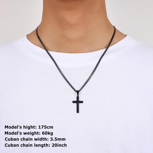 Image of Fiusem Silver Tone /Black /14K Gold Plated Cross Necklace for Men, Beveled Edge Pandent Mens Necklace, 3.5MM Stainless Steel Cuban Chain, 16-24 Inches Jewelry Gifts