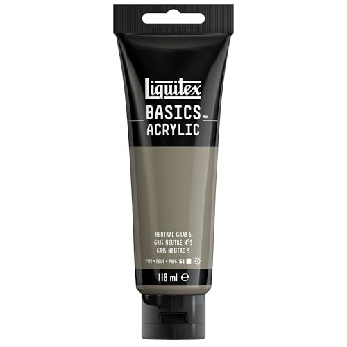 Liquitex 8870035 Basics - Pittura acrilica, Pigmenti per artisti monopigmentati, Resistente alla luce, durevole nel tempo, Finitura satinata, Tubo da 118 ml - Grigio Neutro N°5