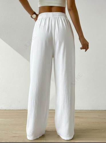 Image of ALYNE Women's Wide Leg Pants High Waisted Linen Look Textured Blend Drawstring Palazzo Trousers with Pockets Casual Relaxed Fit Flowy Soft Comfort Long Pants