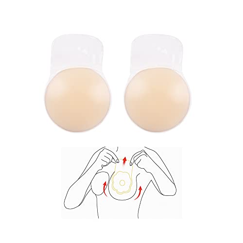 mhinese Klebe BHS für Frauen, Wiederverwendbare Invisible Bra für Klebe BH Push Up für Kleine Brüste - TräGerloser Silikon Selbstklebender BH passt für A/B/C Cups. (Beige - A/B/C Cup - T Runden)