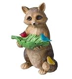 Wind & Weather 12-inch High Resin Friendly Raccoon Holding a Large Leaf Bird Feeder with Solar Lighted Cardinal, Bluebird and Canary That Glow After Dark
