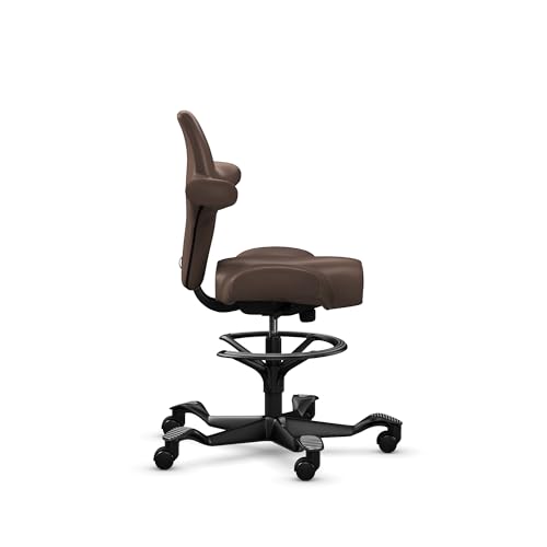 Image of HAG Capisco Sit to Stand Chair-Black Frame-Upholstered Brown Mahogany Vinyl-with Foot Ring