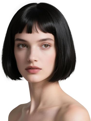 Creamily Parrucca Corta Nera Caschetto Donna, Parrucca Corta Nera Caschetto Frangia Leggera, Capelli Sintetici Donna, Nero Naturale, 25,4 cm, Morbida Tatto, Feste Cosplay, Ragazze, uso Quotidiano