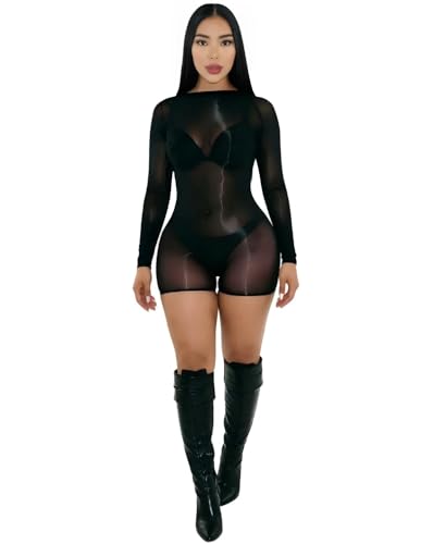 KIZOIEJE Bodystocking for Women Long Sleeve See Through Jumpsuits Sexy Backless Oufits Clubwear (Black(88-165lb))