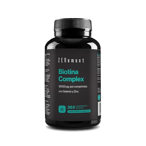 Biotina 12.000 mcg Alta Dosis, con Zinc y Selenio - 365 Comprimidos Veganos (Suministro para 1 año) - Vitaminas para Mantener Cabello, Piel y Uñas - Zenement