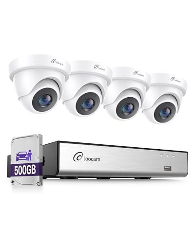 Loocam Sistema de Cámaras CCTV 1080P, DVR 8CH H.265+ con SSD de 500G, 4 Cámaras de Seguridad 2MP 1920TVL (Interior/Exterior), Detección AI Persona/Vehículo, Visión Nocturna, Reproducción Inteligente