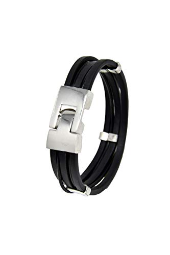 Pulsera Negra de Cuero para Hombre - Hecho a Mano - Cuero Genuino de Primera Calidad - Cierre de Acero Inoxidable Pulido Plateado - Clásico, Elegante y Moderno - (Ideal para una joyería de regalo) Cover