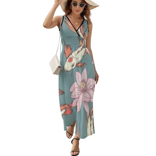 Robe longue d'été à col V pour femme vêtement de plage sans manches imprimé fluide et léger