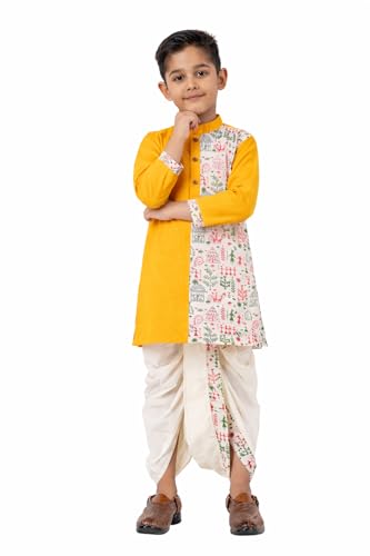 Image of Kids Ethnic Wear - Stylish Half Printed & Vibrant Color Pure Cotton Kurta with Elastic Waist Dhoti Set for Boys