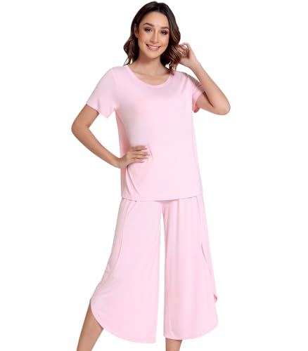 Image of NACHILA Pajamas Set for Women Short Sleeve Sleepwear with Capri Pants Cool Pjs Soft Loungewear,Viscose Made from Bamboo
