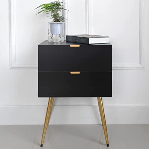 Black Nightstand Set Of 2, Wood End Table For Living Room, Side Table, Mid Century Modern Night Stand With 2 Drawer, Sturdy Construction, Easy Assembly #TOP1