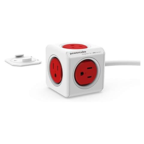 Allocacoc, PowerCube |Extended|, 5 outlets, 5 feet cable, Mounting dock, Surge Protection, Childproof Sockets, ETL Certified (Red) Cover
