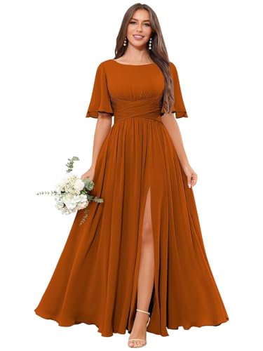 Chiffon Short Sleeve Long Bridesmaid Dresses for Women Ruched Evening Formal Gowns
