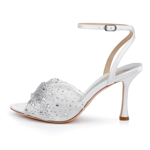 FOWT Women Shiny Studded Rhinestone Open Toe Graceful Bride Sandals High Heel Ankle Strap Buckle Wedding Party Formal Shoes Size 4-16 US2