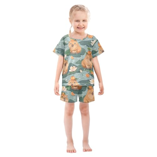 ALAZA Cute Capybara Water Lily Pajamas Short Sleeve 2 Piece Sleepwear Top and Bottom Pajama Set Unisex3