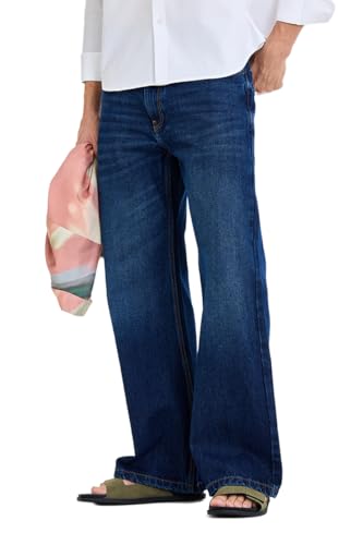 Image of SNITCH Men Flared Fit Jeans | Mid Rise Stone-Washed Denim with Raw Frayed Hem & 5-Pocket Design | 100% Cotton Woven Fabric for Casual & Everyday Wear