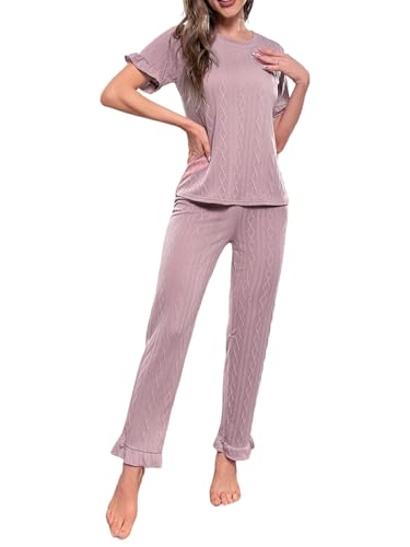 iSpchen Conjunto de pijama de seda de lujo para mujer, conjunto de dormir de tela de seda, cuello redondo fino para una comodidad relajada, Rosa., L