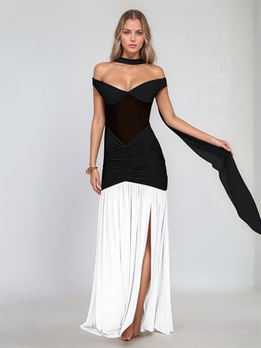 ALFEICE V Neck Bridesmaid Dresses Pleated Chiffon 2025 Off Shoulder Flowy Formal Evening Wedding Guest Dress with Slit2