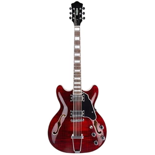 Guitare électrique 6 cordes jazz rouge avec micro humbucker et corps semi-hollow en tilleul