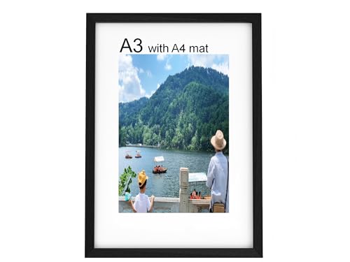 Image of A3 Frame, Woode Picture Frame 29.7 x 42 cm with A4 Mount and Plexiglass, A3 Poster Frame，Display Landscape or Portrait Orientation, Photo Only Wall Hanging, Black