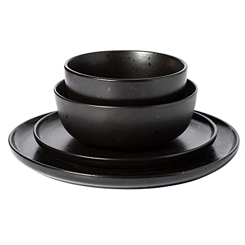 Image of Gibson Elite James Street Stoneware Matte Reactive Double Bowl Dinnerware Set - Pepper Black, Service for 4 (16pcs)