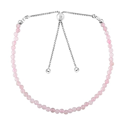 OdrillionGems A+ Natural Rose Quartz Gemstones Bolo Bracelet, Micro-Faceted Beads, 925 Sterling Silver, Handmade Healing Crystals, Adjustable Slider, Women Jewelry, Valentine Gifts, size 10inches