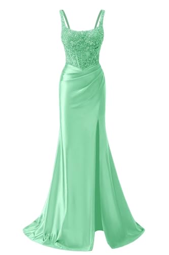 Spaghetti Straps Mermaid Satin Prom Dresses 2026 with Slit Lace Applique Sequined Beaded Evening Gown for Women Sleeveless Sexy Formal Party Dress Mint Green 10