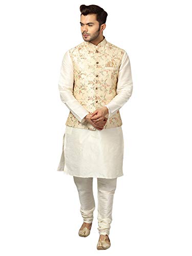 Image of Uri and MacKenzie Men's Silk Blend Regular Kurta Churidar Pyjama with Bundi Nehru Jacket /Waistcoat