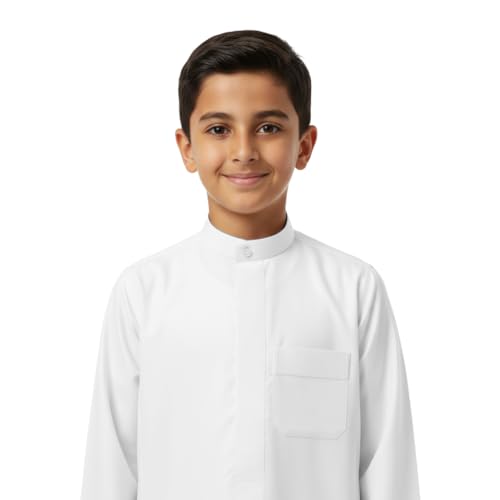 ثوب تقليدي بنمط سعودي من رحمة، كندورا، جوبا، مخيط يدويا من قماش فاخر، ياقة بشريط صلب وجيبين جانبيين، جيب امامي للاطفال والاولاد، ابيض، 16-18 سنة