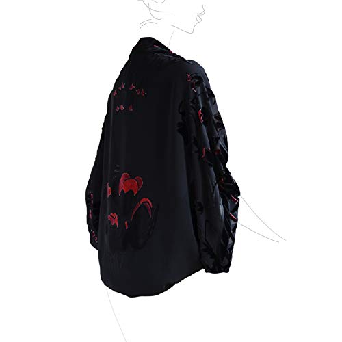 Silk Base Burn-out Velvet Square Scarf 42"x42",Tulip,Black-Red,No Fringe3