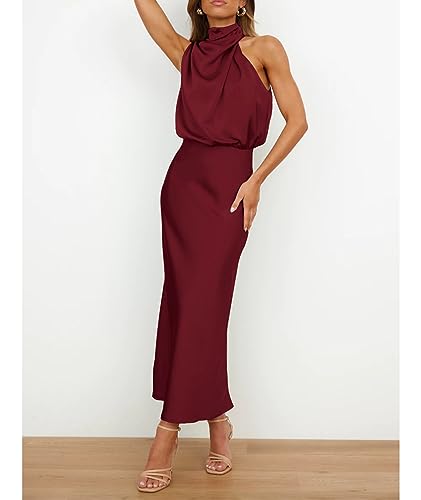 Image of Sexyshine Women's Elegant Halter Tie Neck Sleeveless Satin Long Dress Backless Split Cocktail Party Formal Wedding Maxi Dress