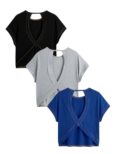 Image of RoseSeek Women's 3 Packs Open Back Tops T Shirt Criss Cross Cut Out Tee Short Sleeve Crewneck Summer Backless Tops