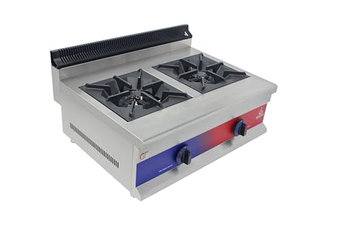 Cocina Industrial de Sobremesa a Gas 2 y 4 Fuegos en Acero Inoxidable, Alta Potencia, Llama Piloto, Termopar y Parrillas Reforzadas, Ideal Hosteleria y profesionales (2 Fuegos - 720 x 475 x 420 mm)