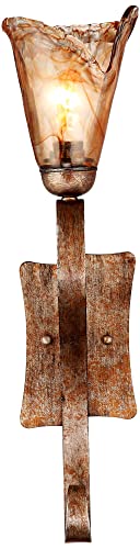 Franklin Iron Works Amber Scroll Rustic Vintage Wall Light Sconces Set Of 2 Golden Bronze Metal Hardwired 23 1/2" Fixture Art Glass For Bedroom Bathroom Vanity Living Room Hallway Dining Kitchen #TOP4
