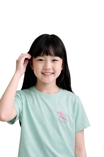 Image of KlothoMAIA Girls' Fencing Embroidered T-Shirt - Green Tee with Pink Little Fencer Stitching