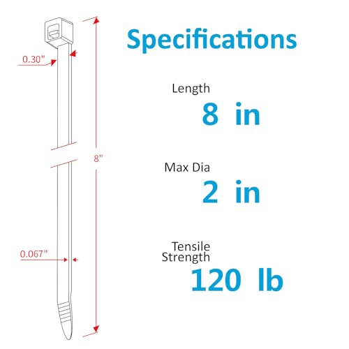 Zip Ties 8 inch Heavy Duty Zip Ties with 120 Pounds Tensile Strength, Black Cable Ties, 100 Pieces,by Karoka
