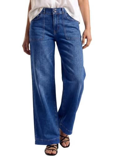 Sidefeel Women's Jeans Straight Leg Stretchy Tummy Control Wide Leg Baggy Pocket Denim Pants Dark Blue Size 10