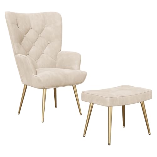 Hawthyhome Eleganter Sessel polsterstuhl Ohnzimmer Sessel Schminktisch Stuhl mit Hocker mit Metall Beinen fürs Wohnzimmer/Schlafzimmer Bis 150 KG belastbar Beige