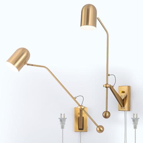 Image of Gold Swing Arms Wall Lamp Plug in Reading Light Modern Sconces Adjustable Wall Mounted Light Fixture for Bedside Living Room Bedroom,2 Pack