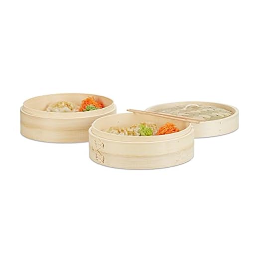 Relaxdays stoommand bamboe, 24 cm diameter, driedelig, 2 mandjes, met deksel, voor rijst en dim sum, natuurlijke kleur