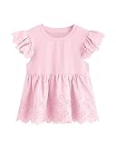 Girls Casual Ruffle Sleeve T-Shirts Tops Eyelet Embroidery Scallop Trim Peplum Solid Cute Blouse Tun