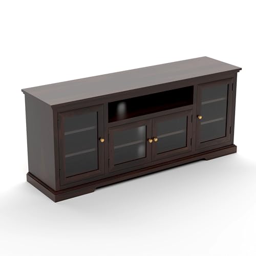 Image of Sheesham Solid Wood TV Cabinet for Living Room | Handcrafted Wooden TV Unit with Storage | Elegant Entertainment Stand for Modern Homes (Glass Tv Cabinet, Walnut)