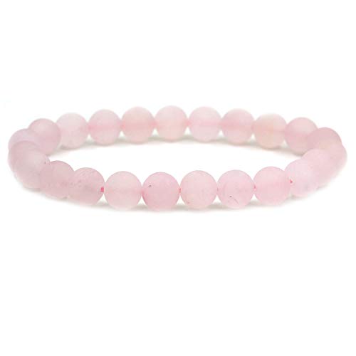 Amandastone - Bracciale elastico con pietre rotonde semipreziose, 8 mm, unisex e Senza metallo, colore: Quarzo rosa opaco., cod. GEM-08M-0143