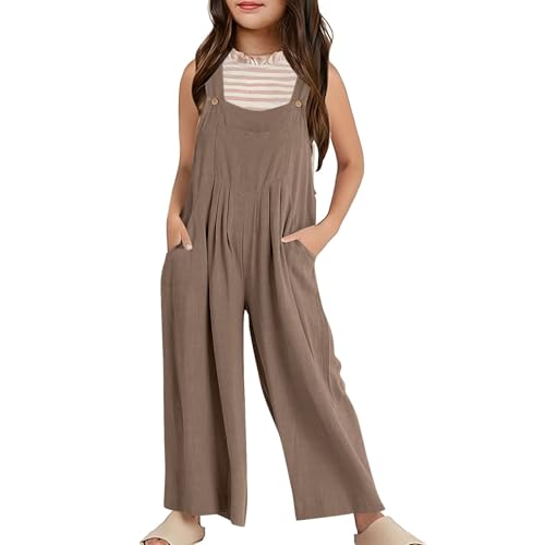 Girls Wide Leg Linen Blend Overalls Jumpsuit