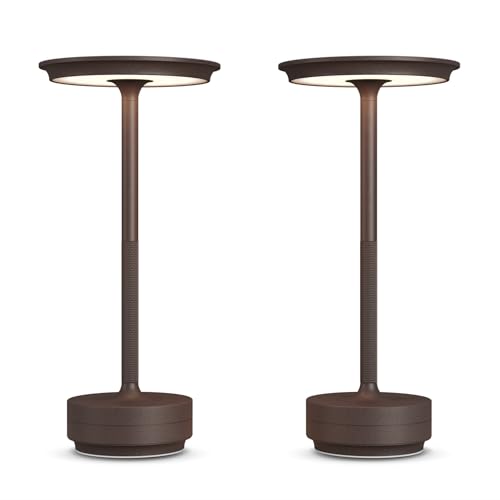 FDIDC 2 Pack Rechargeable Cordless Table Lamps, 5000mAh Portable LED Table Light, 3 Color Stepless Dimming Battery Powered Metal Table Lamp for Outdoor/Home/Restaurant.(Rust)