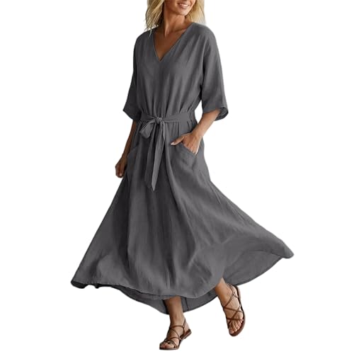 Piuwrlz Women Summer Casual Cotton Linen Dresses Half Sleeve V