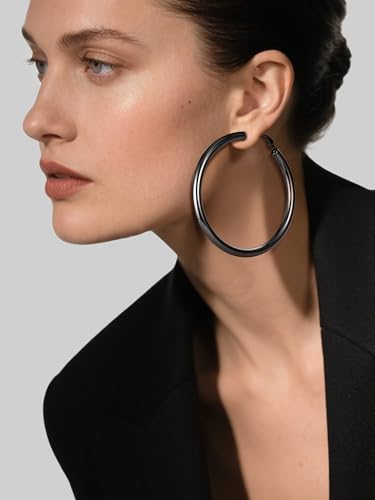 Image of Stainless Steel Chunky Hoop Earrings For Women, Minimalist and Chic, Black /Gold Plated, Round Hoops Earrings Hypoallergenic, Size: 30mm /40mm /60mm /80mm, Come with Box